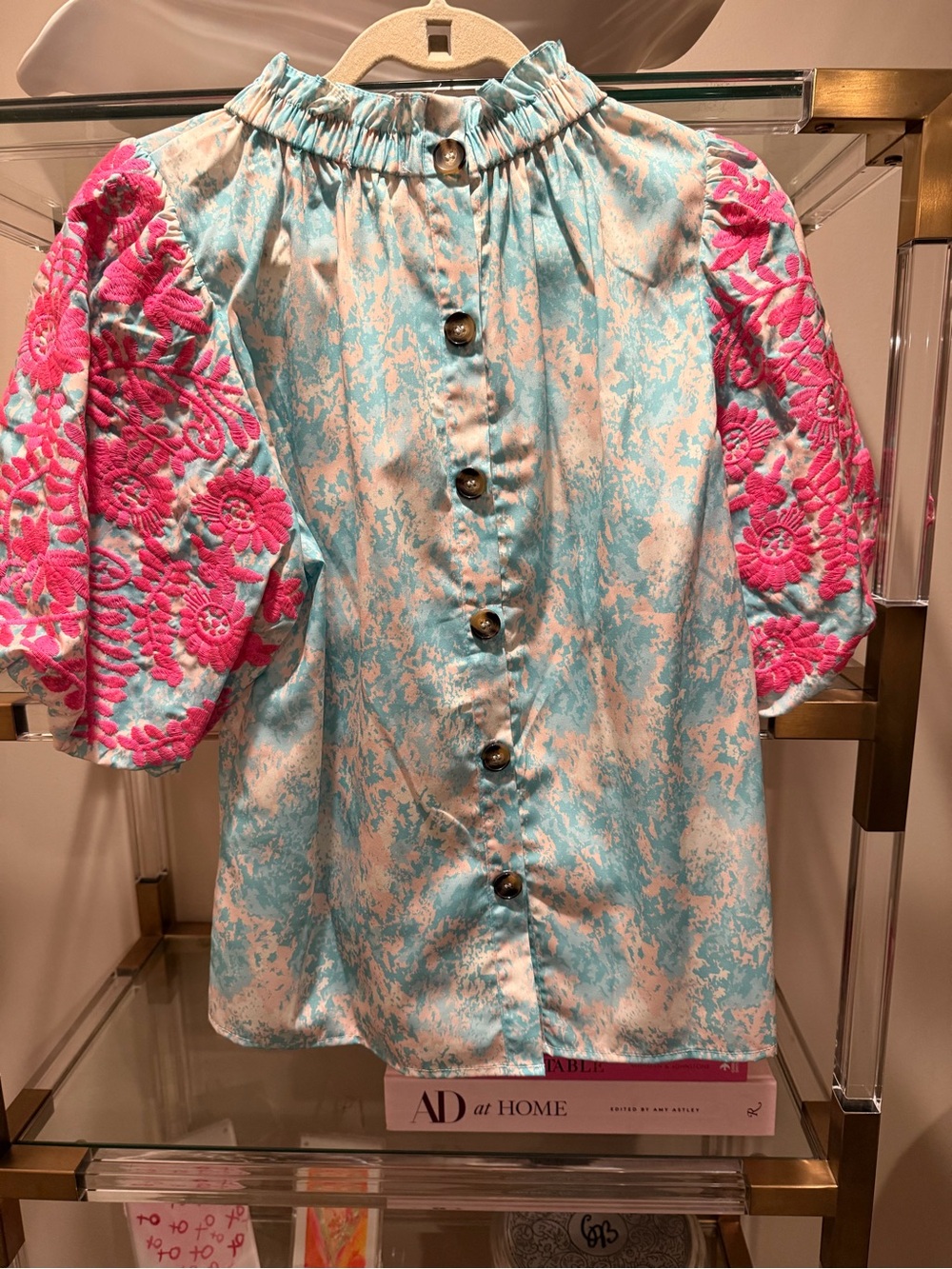Avara Embroidered Puff Sleeve Blouse in Turquoise & Hot Pink - Picture 6 of 8